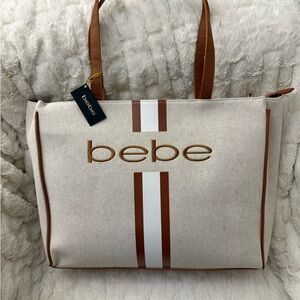 Bebe Tan and White Canvas Tote Bag
